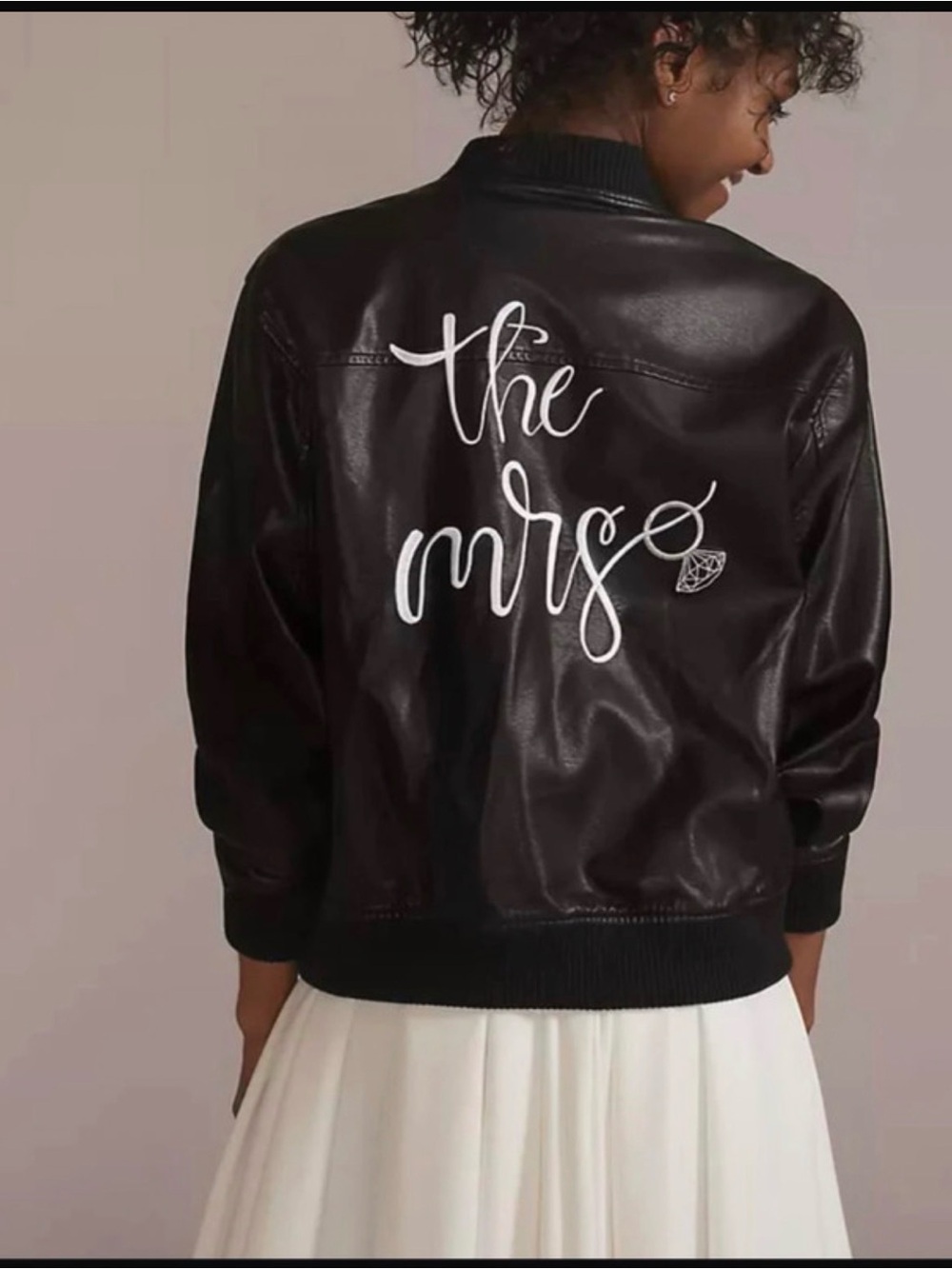 David's Bridal Black Faux Leather 'The Mrs' Bomber Jacket
